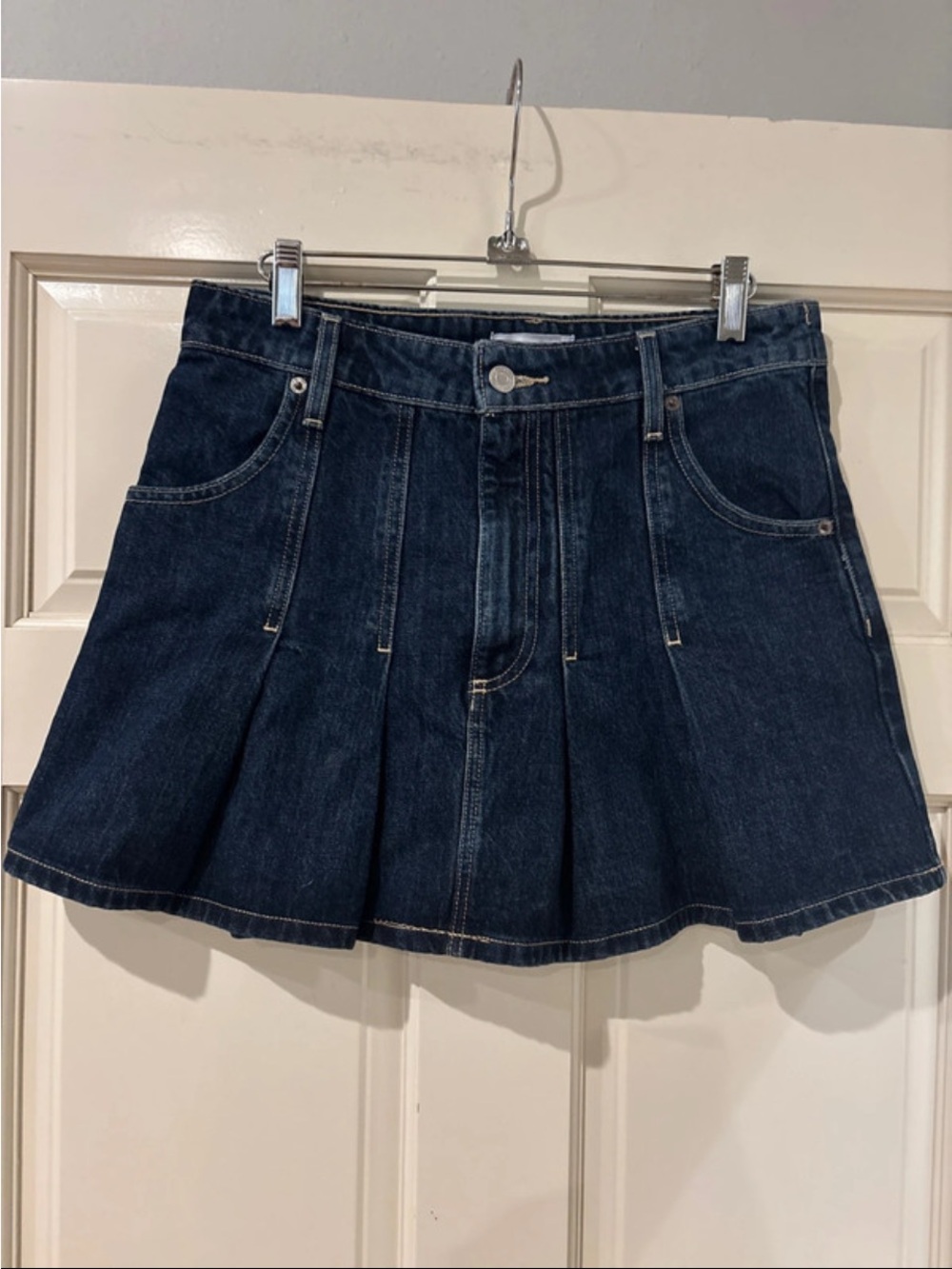 Zara Dark Blue Denim Pleated Skater Mini Skirt